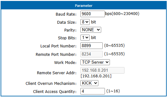 Sériové a TCP nastavení převodníku